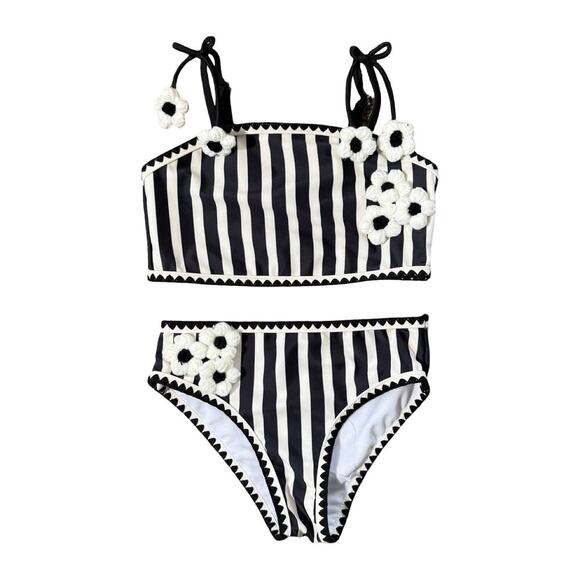 Rachel Zoe Other - Rachel Zoe Girls Swimsuit Size 7 Black White Striped Bikini Floral Crochet Trim